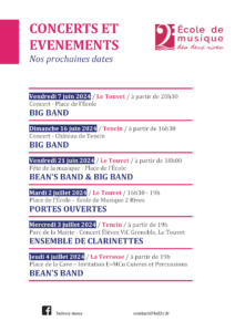 École de Musique des 2 Rives: programme de concerts en juin et juillet 2024